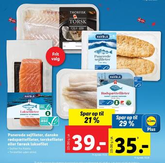 Lidl Panerede sejfileter, danske rødspættefileter, torskefileter eller færøsk laksefilet tilbud