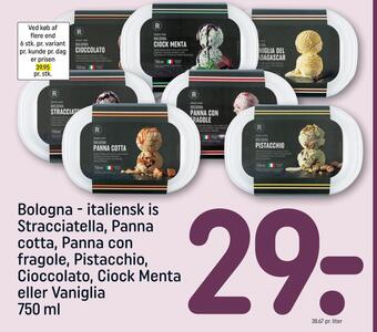 REMA 1000 Bologna - italiensk is stracciatella, panna cotta, panna con fragole, pistacchio, cioccolato, ciock menta eller vaniglia tilbud