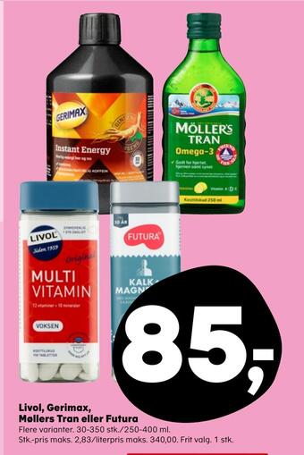 Livol, gerimax, møllers tran eller futura