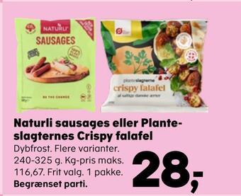 Kvickly Naturli sausages eller planteslagternes crispy falafel tilbud