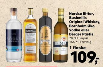 Kvickly Nordsø bitter, bushmills original whiskey, bornholm øko vodka eller berger pastis tilbud
