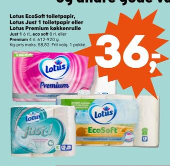 Kvickly Lotus ecosoft toiletpapir, lotus just 1 toiletpapir eller lotus premium køkkenrulle tilbud