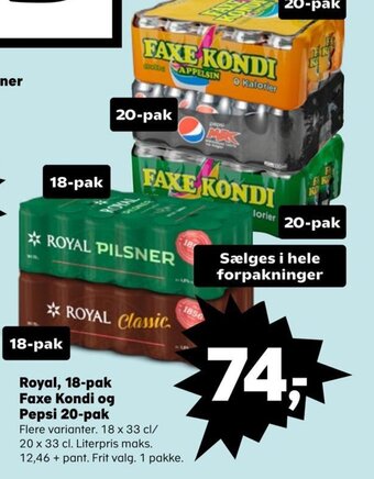 Kvickly Royal, 18-pak Faxe Kondi og Pepsi 20-pak tilbud