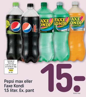 REMA 1000 Pepsi max eller Faxe Kondi 1.5 liter. Ex. pant tilbud