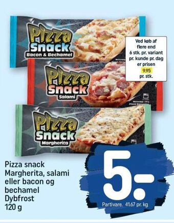 REMA 1000 Pizza snack Margherita, salami eller bacon og bechamel Dybfrost 120 g tilbud