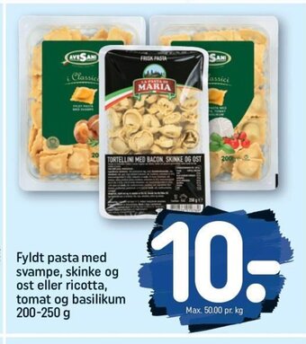 Fyldt pasta med svampe, skinke og ost eller ricotta, tomat og basilikum 200-250 g