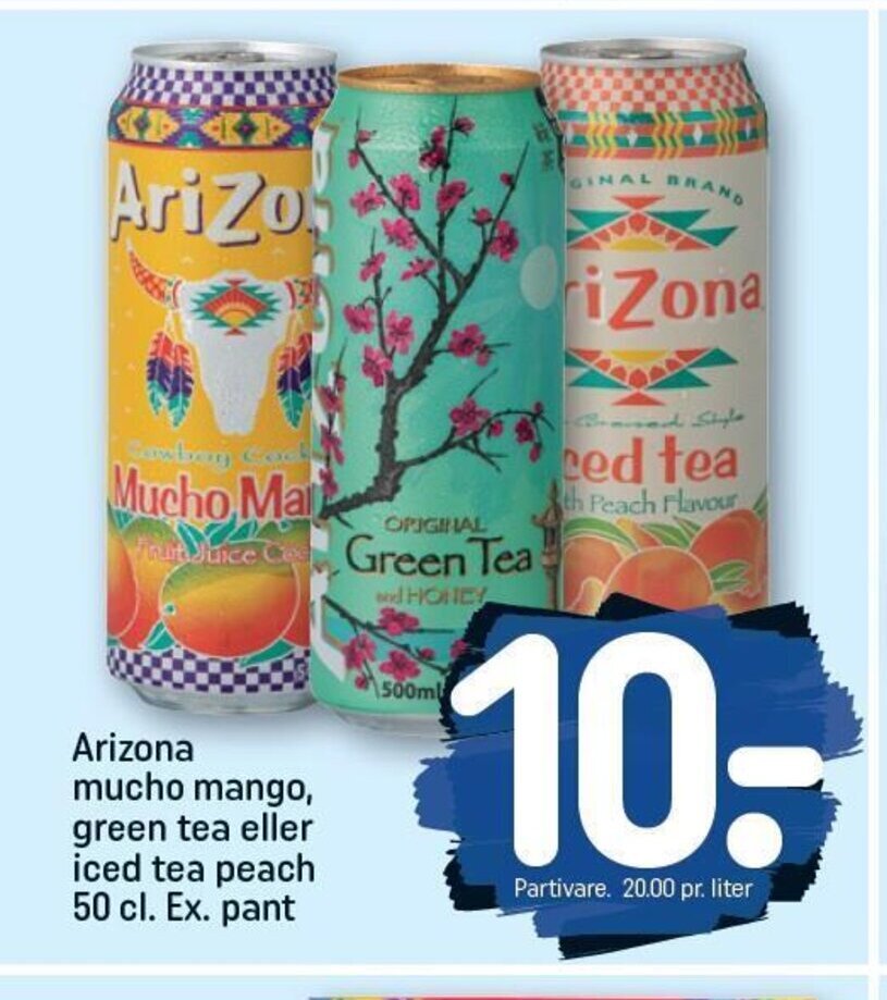 Arizona mucho mango, green tea eller iced tea peach 50 cl. Ex. pant