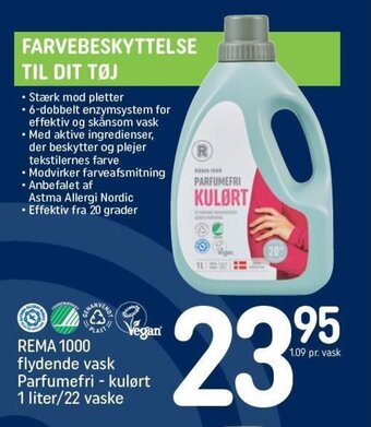 REMA 1000 REMA 1000 flydende vask Parfumefri - kulørt 1 liter/22 vaske tilbud