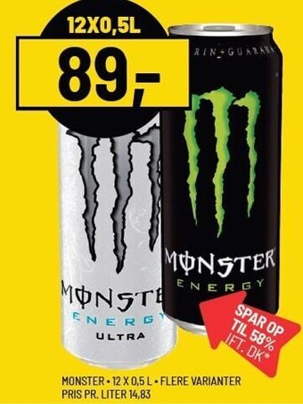 Priss 12x0,5l monster energidrik tilbud