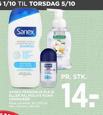 MENY Sanex personlig pleje eller palmolive foam håndsæbe tilbud