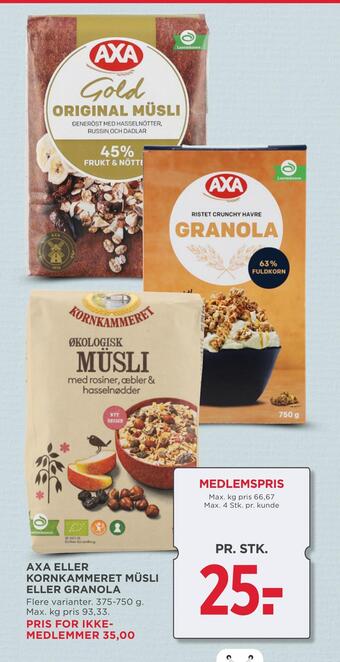 MENY Axa eller kornkammeret müsli eller granola tilbud