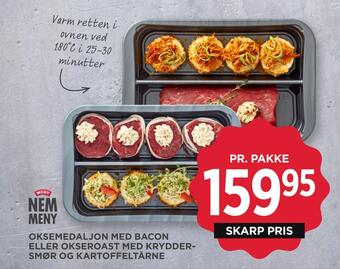 Oksemedaljon med bacon eller okseroast med kryddersmør og kartoffeltårne