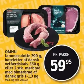 SPAR OMHU Lammeculotte 290g, Koteletter Af Dansk Velfærdskalv 350g Eller 2 Stk. Mørbrad Med Bimørbrad Af Dansk Gris 1-1,3 Kg tilbud