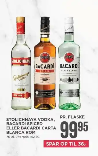 MENY Stolichnaya Vodka, Bacardi Spiced Eller Bacardi Carta Blanca Rom tilbud