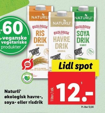 Lidl Naturli' økologisk havre-, soya- eller risdrik tilbud