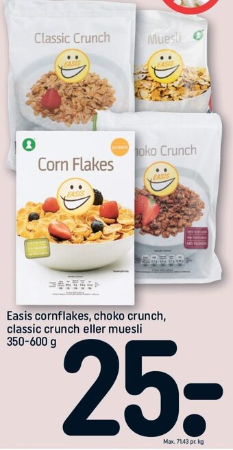 Easis cornflakes, choko crunch, classic crunch eller muesli 350-600 g