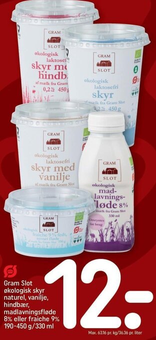 REMA 1000 Gram Slot økologisk skyr naturel, vanilje, hindbær, madlavningsfløde 8% eller fraiche 9% tilbud