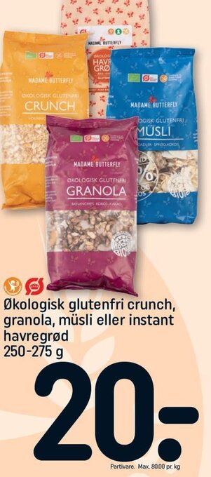 Økologisk glutenfri crunch, granola, müsli eller instant havregrød 250-275 g