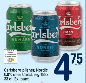REMA 1000 Carlsberg pilsner, Nordic 0.0% eller Carlsberg 1883 33 cl. Ex. pant tilbud