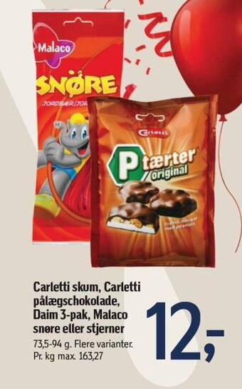 Føtex Carletti skum, Carletti pålægschokolade, Daim 3-pak, Malaco snøre eller stjerner tilbud