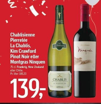 Føtex Chablisienne Pierrelée La Chablis, Kim Crawford Pinot Noir eller Montgras Ninquen 75 cl. tilbud