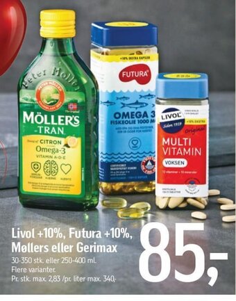 Føtex Livol +10%, Futura +10%, Møllers eller Gerimax tilbud