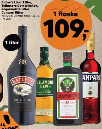 Bailey's likør 1 liter, tullamore dew whiskey, jägermeister eller campari bitter