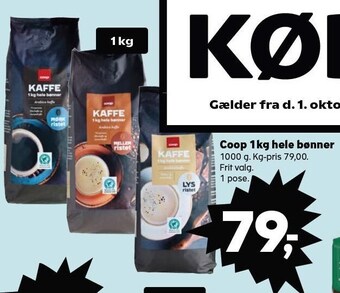 Kvickly Coop 1 kg hele bønner tilbud