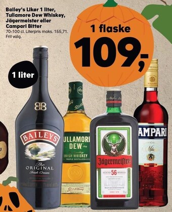 SuperBrugsen Bailey´s likør 1 liter, tullamore dew whiskey, jägermeister eller campari bitter tilbud