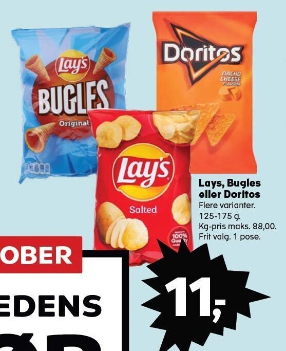 Lays, bugles el. doritos tilbud hos SuperBrugsen