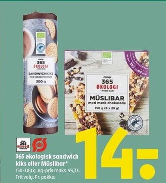 Coop 365 365 økologisk sanwich kiks eller müslibar tilbud