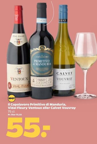 Netto Il Capolavoro Primitivo di Manduria, Vidal Fleury Ventoux eller Calvet Vouvray 75 cl. tilbud