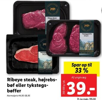 Lidl Ribeye steak, højrebs- bøf eller tykstegs- bøffer tilbud