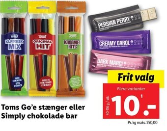 Lidl Toms Go'e stænger eller Simply chokolade bar tilbud