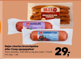 SuperBrugsen Højer chorizo brunchpølse eller coop spegepølser tilbud