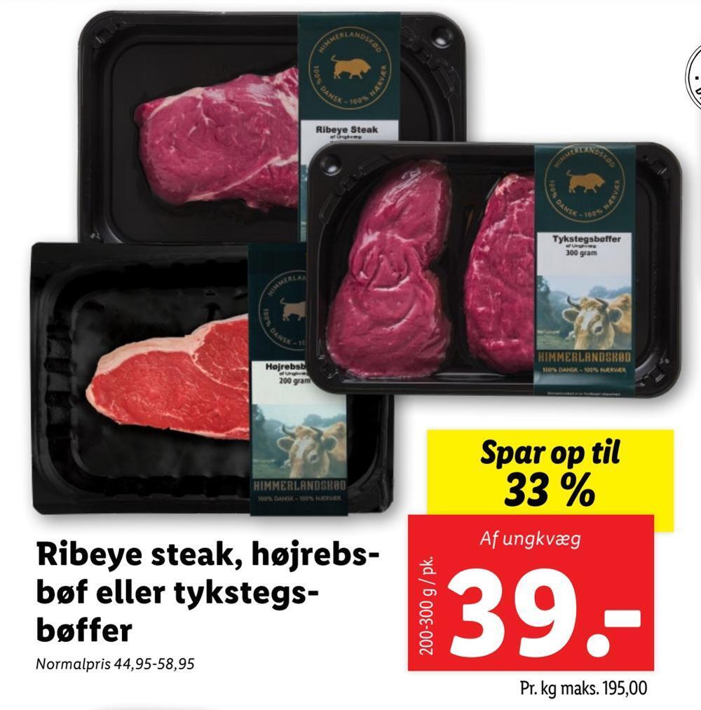 Ribeye steak, højrebsbøf eller tykstegsbøffer tilbud hos Lidl
