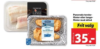 Lidl Panerede torskefileter eller langefileter med skind tilbud