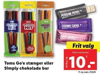 Lidl Toms go stænger eller simpy chokolade bar tilbud