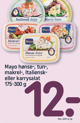 REMA 1000 Mayo hønse-, tun-, makrel-, Italiensk-eller karrysalat 175-300 g tilbud