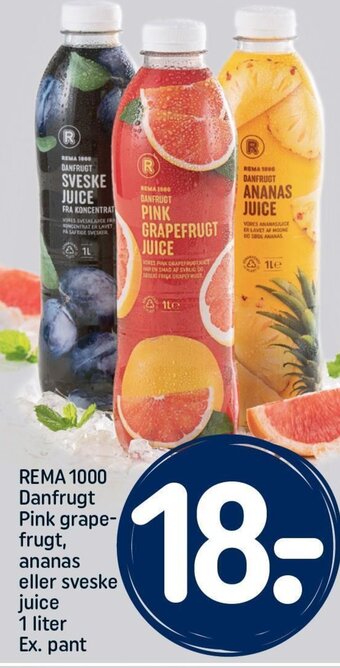 REMA 1000 Danfrugt Pink grape-frugt, ananas eller sveske juice 1 liter Ex. pant