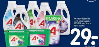 A+ vask flydende, refill eller kapsler 880-920 ml/10 stk. 10-17 vaske