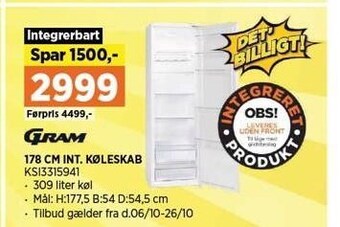 Power Gram 178 cm int. køleskab tilbud
