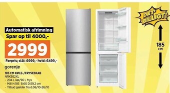 Power 185 cm køle-/fryseskab tilbud