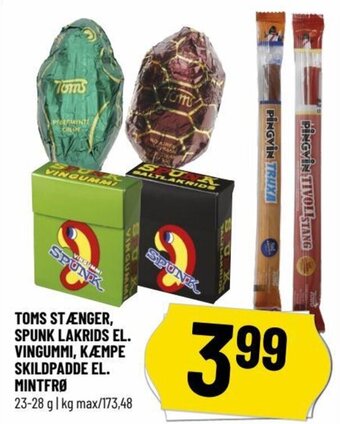 TOMS STÆNGER, SPUNK LAKRIDS EL. VINGUMMI, KÆMPE SKILDPADDE EL. MINTFRØ