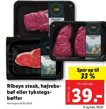 Lidl Ribeye steak, højrebs- bøf eller tykstegs- bøffer tilbud