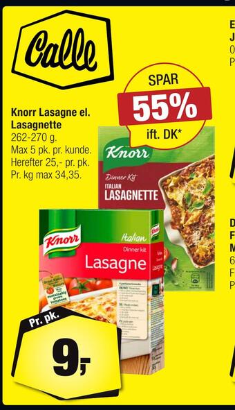 Calle Knorr lasagne el. lasagnette tilbud