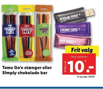Lidl Toms go'e stænger el. simply chokolade bar tilbud
