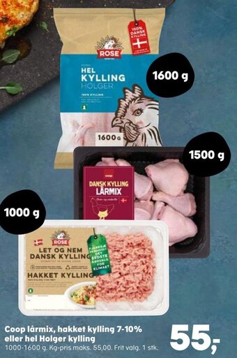 SuperBrugsen Coop lårmix, hakket kylling 7-10% eller hel Holger kylling tilbud