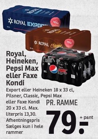 SPAR Royal, heineken, pepsi max eller faxe kondi tilbud