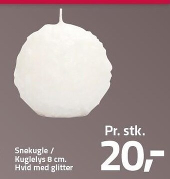 Snekugle / kuglelys 8 cm. hvid med glitter